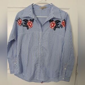 Blue Striped Shirt with Floral Embroidery